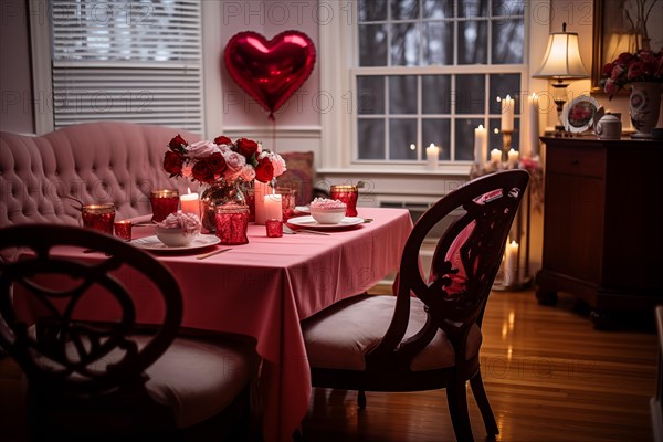 A cozy living room adorned with Valentine's Day decorations, featuring pink balloons, a bouquet of roses, and candlelight creating a romantic ambiance, AI generated