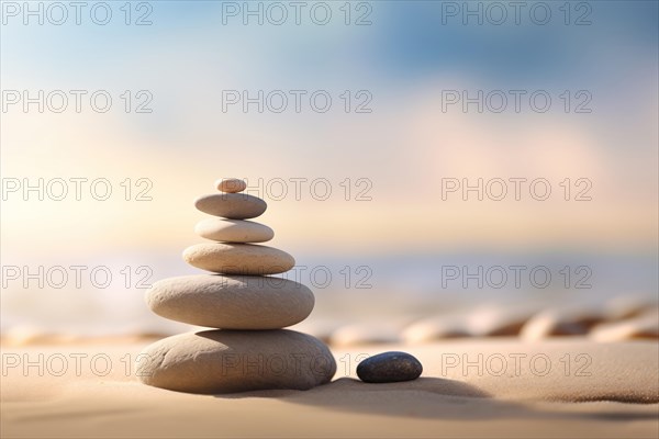 Zen stones stack on sand waves in a minimalist setting for balance and harmony. Balance, harmony, and peace of mind, wellness, meditation, and spirituality concept, AI generated