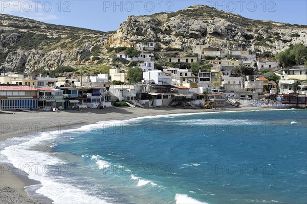 The bay of Matala, island, sea, village, summer, blue sky, beach, bathing beach, island of Crete, Greece, Europe