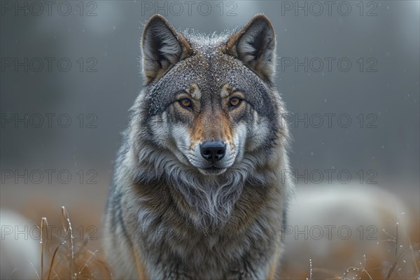 Portrait of a gray wolf (Canis lupus) with an intense gaze, surrounded by cold-induced dew, in the blurred background is a flock of sheep, AI generated, AI generated