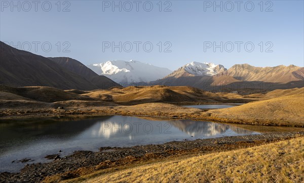 White glaciated and snowy mountain peak Pik Lenin at sunrise, mountains reflected in a lake between golden hills, Trans Alay Mountains, Pamir Mountains, Osh Province, Kyrgyzstan, Asia