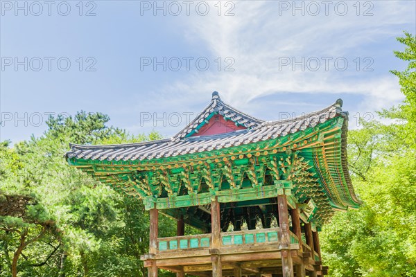 Covered oriental gazebo with ceramic tiled roof in woodland park under blue sky with soft white clouds
