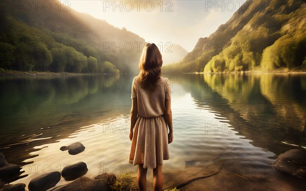 Suicidal thoughts, a young depressed woman with suicidal intent stands in the water by a lake, AI generated, AI generated