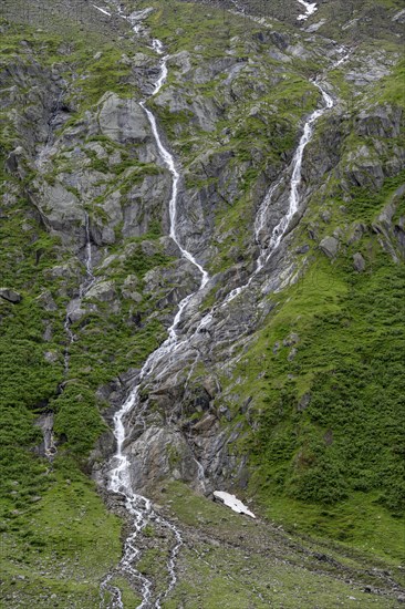 Mountain stream flowing down a steep rocky slope, Berliner Hoehenweg, Zillertal, Tyrol, Austria, Europe