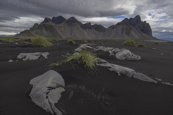 Vestrahorn, mountains with black lava sand, southern Iceland