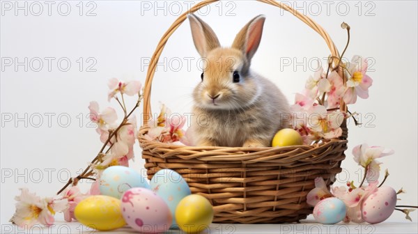 A bunny seated in a wicker basket surrounded by pastel-colored Easter eggs and cherry blossoms AI generated