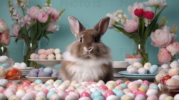 Easter bunny and Easter eggs on wooden background with spring flowers. Bunny near empty white frame AI generated