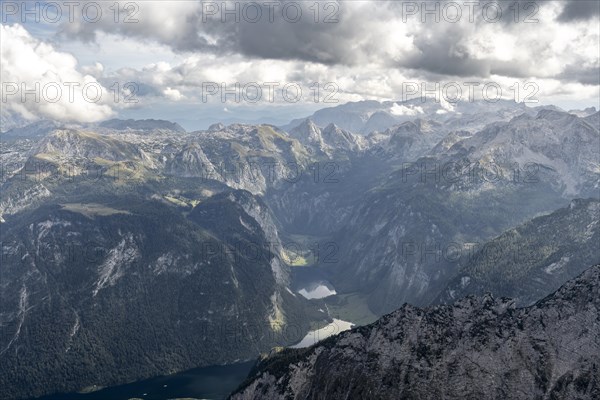 View of Koenigssee and Obersee with Steinernes Meer, at the summit of the Watzmann Mittelspitze, Watzmann crossing, Berchtesgaden National Park, Berchtesgaden Alps, Bavaria, Germany, Europe