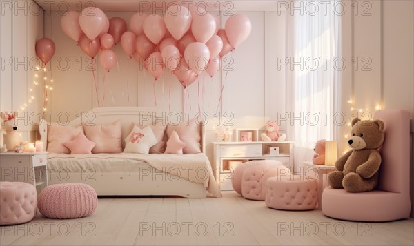 Children's bedroom decorated with pink balloons, a teddy bear, and soft lighting Children's room with pink bed, balloons and teddy bear. AI generated
