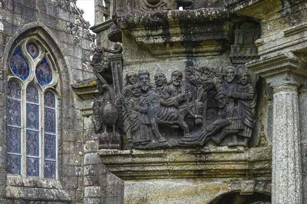 Calvary Calvaire, granite stone carving, Enclos Paroissial parish enclosure of Guimiliau, Finistere Penn ar Bed department, Brittany Breizh region, France, Europe