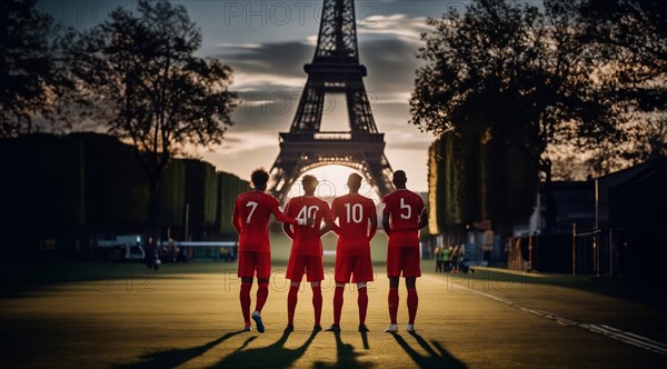 Sports National team of players in Paris at the Olympic Games 2024. Athletes at the Eiffel Tower, AI generated