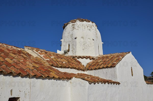 Church of St Michael the Archangel, cross-domed church, A traditional white church with a simple dome against a bright blue sky, Aradena Gorge, Aradena, Sfakia, Crete, Greece, Europe