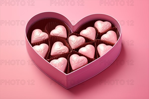 Heart-shaped box with a selection of finely crafted chocolates, perfect for Valentine Day, on pink background. Feelings of love, sweetness and indulgence, AI generated