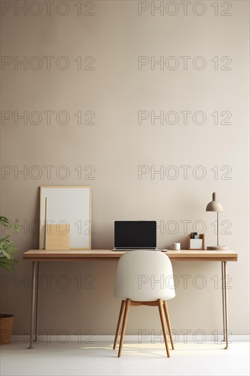 A clean and elegant home office setup featuring a wooden desk with a laptop, framed art, and modern decor against a neutral wall. Remote work home office, AI generated