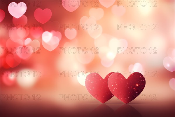 A beautiful and romantic background featuring two elegant red hearts against a soft, bokeh light effect, perfect for Valentine Day or any love-themed design, AI generated