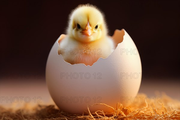 A close-up image capturing the moment a fluffy yellow chick emerges from its egg, showcasing the beauty of new life, AI generated