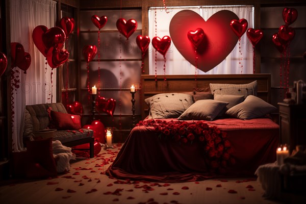 A cozy bedroom adorned with red and white heart-shaped balloons, rose petals, and candles creating a romantic atmosphere for Valentine's Day, AI generated