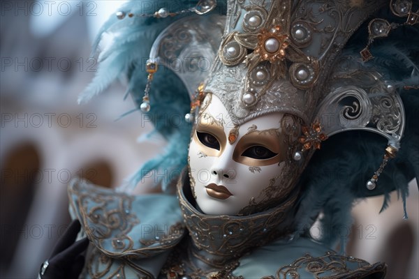 A person adorned in an elaborate and elegant costume, capturing the essence of the Venice Carnival amidst a scenic backdrop, AI generated
