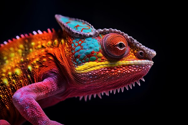 Vibrant close-up image capturing the intricate details and vibrant colors of a chameleon against a dark background, AI generated