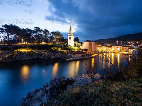 St. Anthony's Church and harbour, blue hour at dawn, Veli Losinj, Kvarner Bay, Croatia, Europe