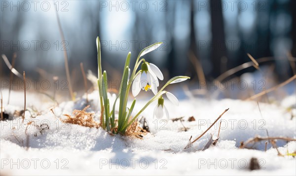 Brightly lit snowdrops emerging from snowy ground in a forest indicating spring arrival AI generated