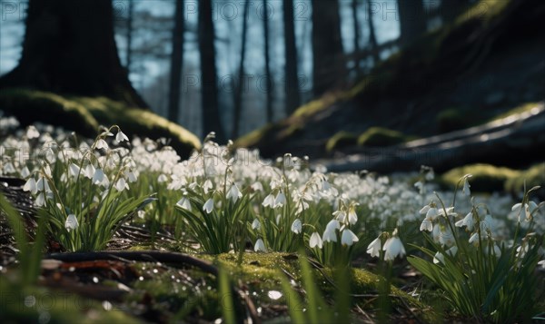 Lush snowdrops grow in the shadow of a forest with sunlight peering through AI generated