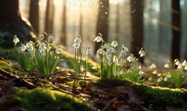 Snowdrops in a serene forest, with rays of light creating a magical ambiance AI generated