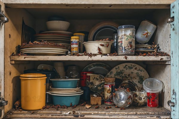 A cluttered and untidy old kitchen cupboard with various crockery and containers is heavily infested with vermin, AI generated, AI generated