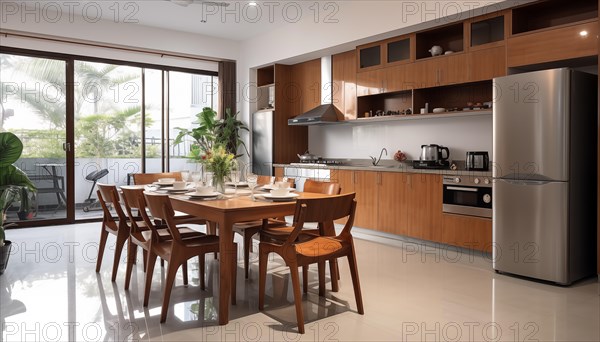 A sleek modern kitchen with a dining table set for a meal, illuminated by natural and pendant lighting, AI generated