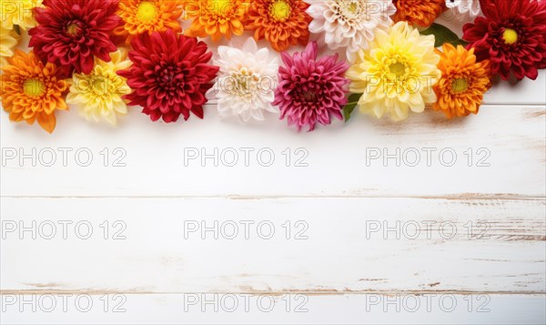 Vibrant red and yellow chrysanthemum flowers on a white wooden surface AI generated