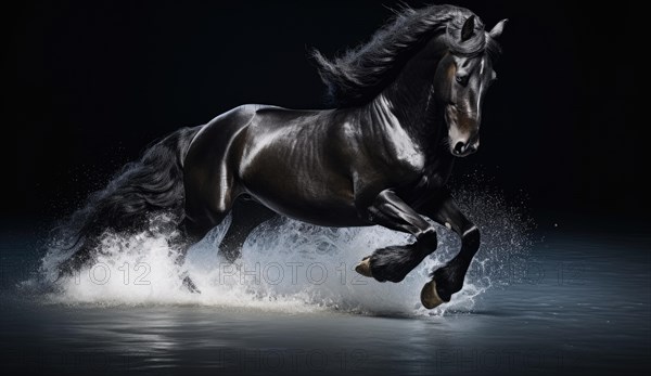 Black horse with long mane galloping in water on dark background AI generated