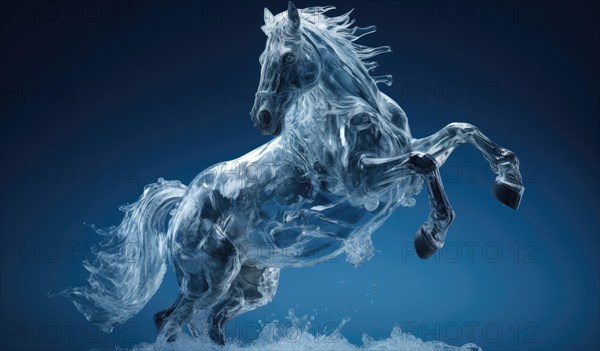 Ice sculpture of horse in dynamic pose. Beautiful horse ice figure AI generated