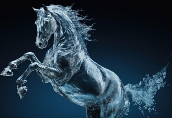 Ice sculpture of horse in dynamic pose. Beautiful horse ice figure. Horse with splashes of water on a blue background AI generated