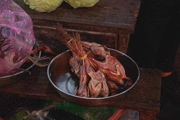 Raw native poultry meat arranged in a metal bowl at a local market showing the candid khmer daily life, tradition and culture in Kampot, Cambodia, Asia