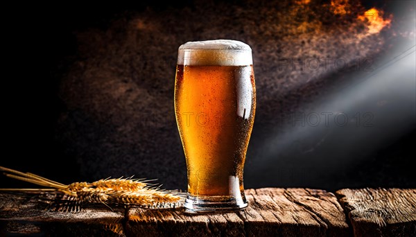 Glass of chilled beer on a dark vinatge wooden surface. AI Generated, AI generated