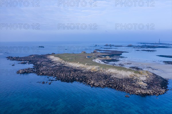 Aerial view of the island Ile Stagadon, in the background the lighthouse Phare de l'Ile Vierge, in front of the mouth of the Aber Wrach, Plouguerneau, department Finistere Penn ar Bed, region Bretagne Breizh, France, Europe