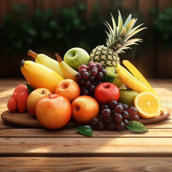 A colorful assortment of fresh fruits displayed on a wooden platter set on a table outdoors, AI generated