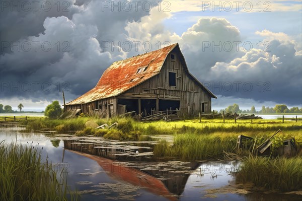 Barn surrounded by water after a flood, AI Generated, AI generated