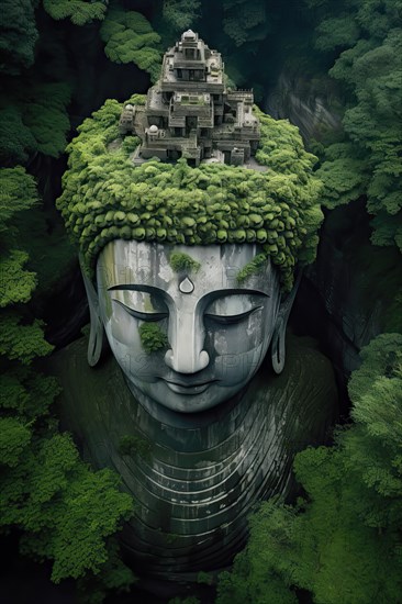 Aerial view of a Giant Buddha head surrounded by an Asian tropical forest, AI Generated, AI generated