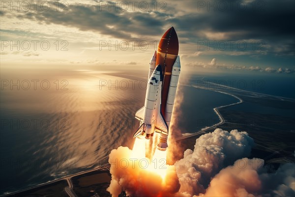 Aerial view of a rocket shuttle carrier launch at sunrise over an ocean coast. The rocket is blasting off with a trail of smoke and flames behind it, AI generated