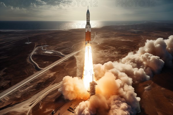 Aerial view of a rocket launch at sunrise sunset over an ocean coast. The rocket is blasting off with a trail of smoke and flames behind it, AI generated