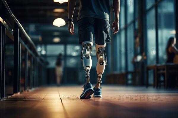 Amputee sportsman walking in corridor with bionic prosthetic legs prosthesis with robotic technology. Advancements in medical science and engineering, determination, strength, progress of the disabled, AI generated