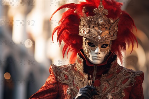 A person adorned in a richly detailed and colorful carnival costume, complete with an elaborate mask, participates in the iconic Venice Carnival, AI generated