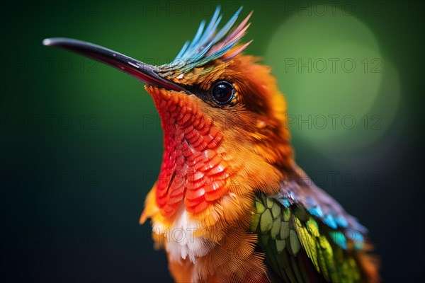 Stunning close-up captures the radiant colors and intricate details of a hummingbird, showcasing its vibrant feathers against a soft defocused background, AI generated