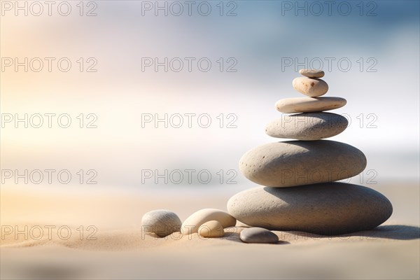 Zen stones stack on sand waves in a minimalist setting for balance and harmony. Balance, harmony, and peace of mind, wellness, meditation, and spirituality concept, AI generated