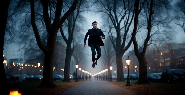 Man levitates in a foggy city, concept of flight in sleep and gravity, AI generated