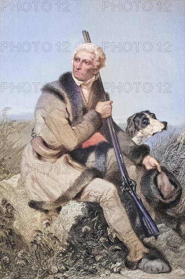 Daniel Boone (born 2 November 1734 in Birdsboro, Province of Pennsylvania, died 26 September 1820 in Defiance, Missouri Territory) was an American pioneer and hunter, after a painting by Alonzo Chappel (1828-1878), Historic, digitally restored reproduction from a 19th century original