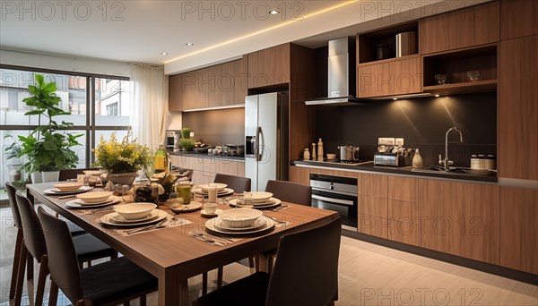 A sleek modern kitchen with a dining table set for a meal, illuminated by natural and pendant lighting, AI generated