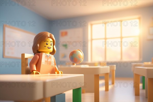 Miniature toy setting of A young girl attentively sits at a desk in a classroom, ready to learn, ai generated, AI generated