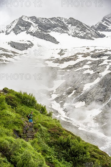 Mountaineers on a hiking trail, in the background glaciated peak Dosso Largo and glacier Schlegeiskees, cloudy atmospheric mountain landscape, ascent to Furtschaglhaus, Berliner Hoehenweg, Zillertal, Tyrol, Austria, Europe